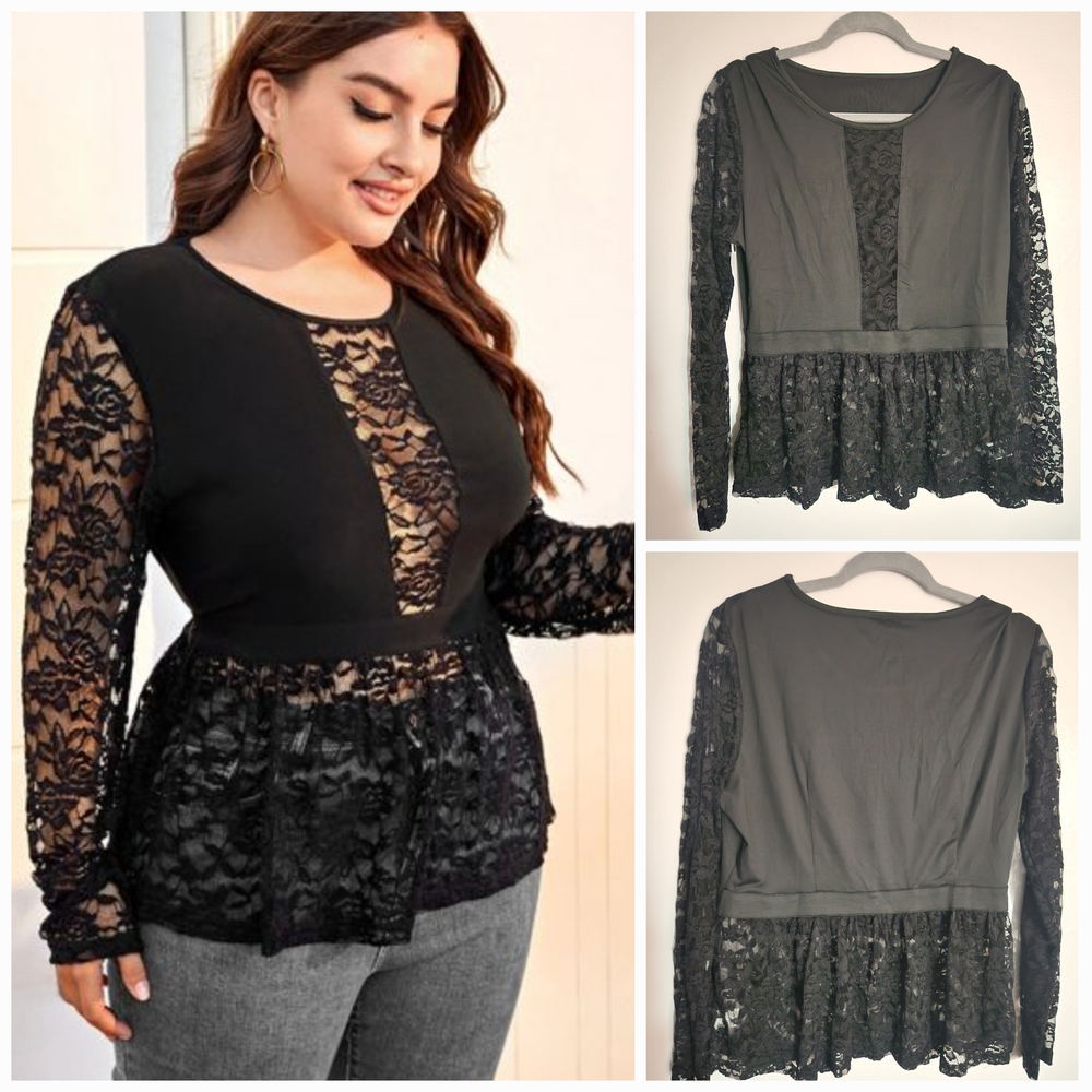 SHEIN Black Lace Panel Peplum Blouse